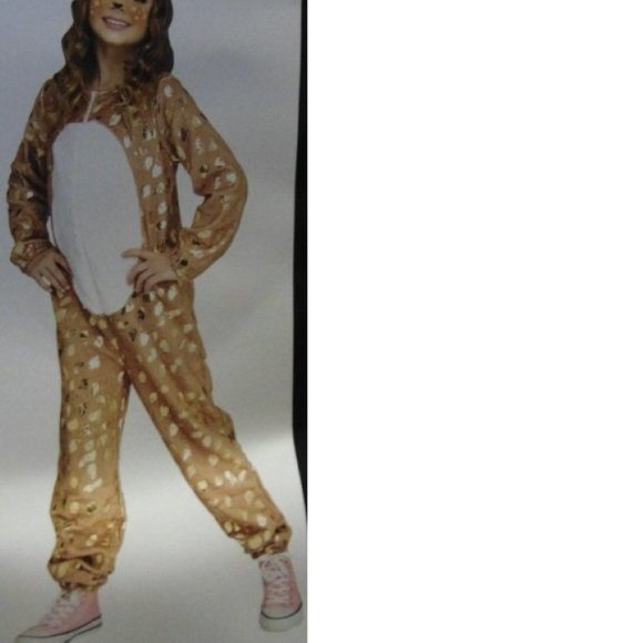 Reindeer Christmas Halloween Costume 12/14 Jumpsuit, Tail & Antler Ears 3 Pc - Picture 2 of 7
